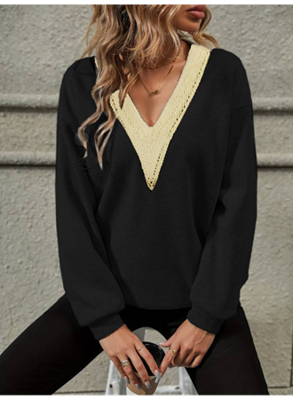 Kadın Uzun Kollu V Dantel Yaka şardonsuz üç Iplik Bluz