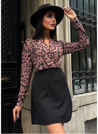 Kadın Uzun Kollu Kruvaze Yaka Krep Mini Boy Elbise