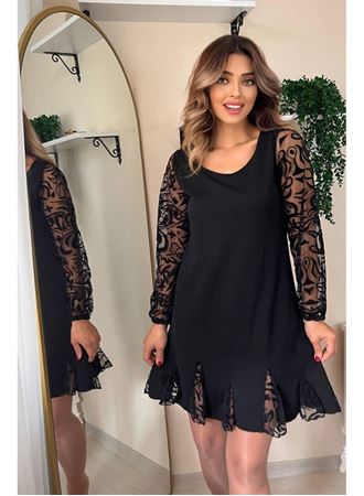Kadın Uzun Kollu Yuvarlak Yaka Kol Ve Etek Ucu Dantelli Kısa Ithal Krep Elbise