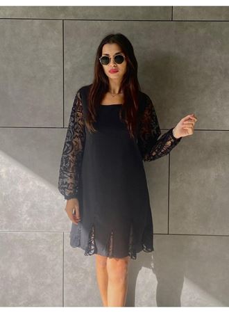 Kadın Uzun Kollu Yuvarlak Yaka Kol Ve Etek Ucu Dantelli Kısa Ithal Krep Elbise