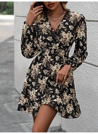 Kadın Uzun Kollu Kruvaze Yaka Beli Gipeli çiçek Desenli Kısa Dalgıç Elbise