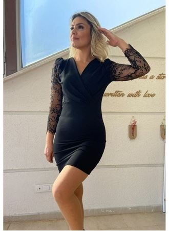 Kadın Uzun Kollu Kruvaze Yaka Kollar Tül Detay Krep Mini Boy Elbise