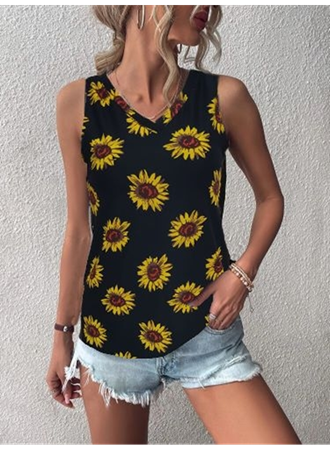 Kadın V Yaka Kolsuz Ayçiçeği Desen Krep Bluz