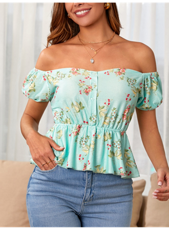 Kadın Kısa Kollu Madonna Yaka çiçek Desenli Düğme Detay Gipeli Süprem Kumaş Bluz