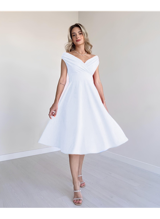 Kadın Kısa Kollu Kruvaze Yaka Eteği Volanlı Krep Elbise