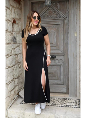 Kadın Yuvarlak Ribana Yaka Beyaz Yırtmaç Detaylı Viskon Tam Boy Elbise