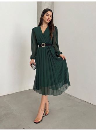 Kadın şifon Kumaş Astalı Kloş Kesim Kruvaze Yaka Midi Boy Elbise