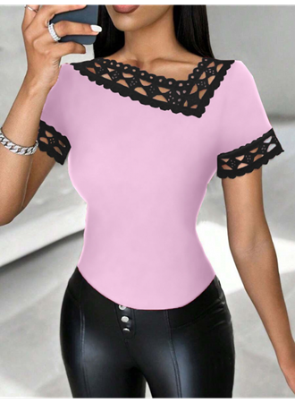 Kadın Kısa Kollu Dantel Yaka Viskon Bluz