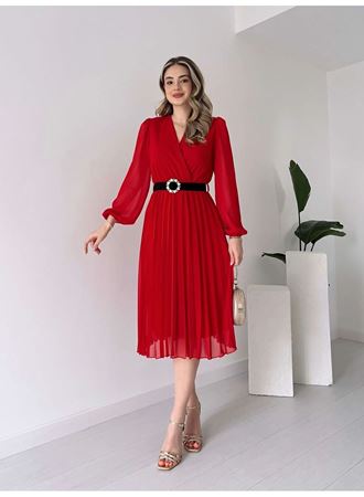 Kadın şifon Kumaş Astalı Kloş Kesim Kruvaze Yaka Midi Boy Elbise