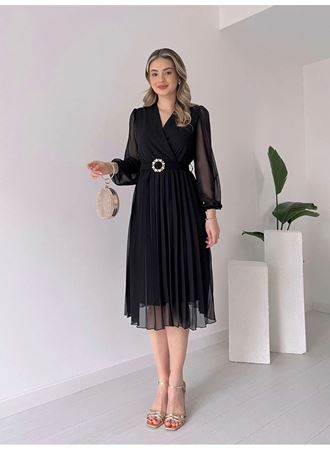 Kadın şifon Kumaş Astalı Kloş Kesim Kruvaze Yaka Midi Boy Elbise