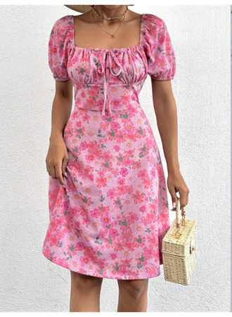 Kadın Kısa Kollu Mini çiçek Baskılı Bağcık Detay Süprem Midi Boy Elbise