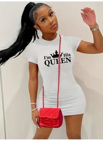 Kadın Kısa Kollu Queen Baskı Iki Iplik Mini Elbise