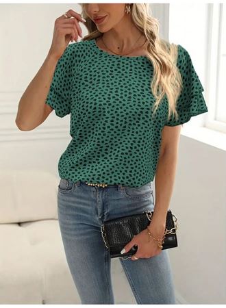 Kadın Kısa Kollu Kolları Volanlı Baskılı Süprem Bluz