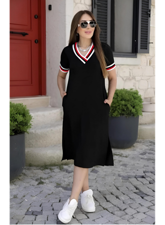 Kadın Kısa Kollu V Yaka Ve Yaka Ribana Detay Midiboy Viskon Elbise