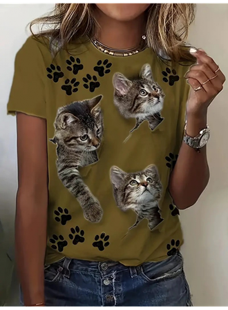Kadın Kısa Kollu Kedi Ve Pati Baskılı Süprem T-shirt