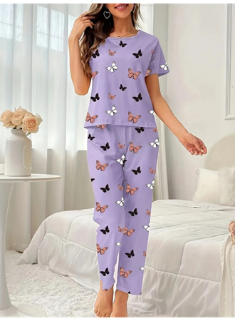 Kadın Kısa Kollu Bisiklet Yaka Kelebek Baskılı Süprem Ikili Takım