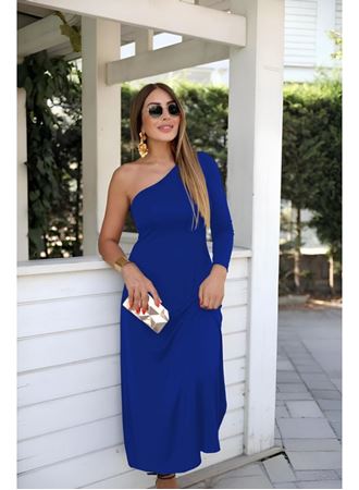 Kadın Uzun Kollu Tek Omuz Detay Krep Elbise