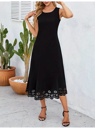 Kadın Kolsuz Etek Ucu Lazer Kesim çiçek Desenli Midi Boy Janjan Krep Elbise