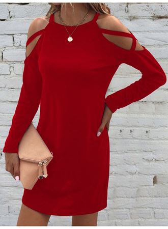 Kadın Uzun Kollu Omuz Açık Askı Detay Viskon Mini Boy Elbise