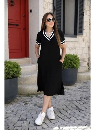 Kadın Kısa Kollu V Yaka Kol Ve Yaka Ribana Detay Midi Boy Viskon Elbise