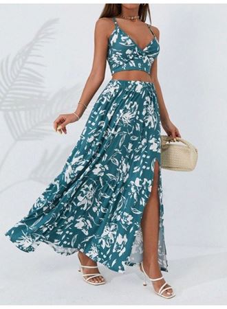 Kadın Ince Askılı çiçek Baskı Desenli Crop Yırtmaçlı Etek Ikili Süprem Takım