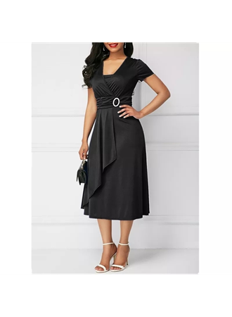 Kadın Kısa Kollu Kruvaze Yaka Kuşak Ve Toka Detay Krep Elbise