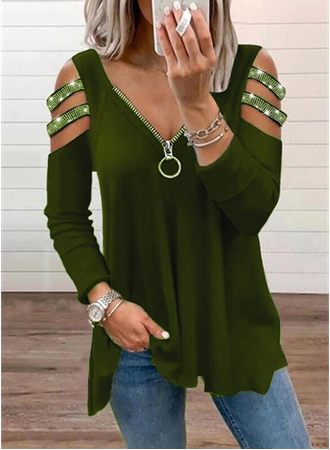 Kadın Haki Kolları Taş Işlemeli Uzun Kol Fermuarlı Viskon Bluz