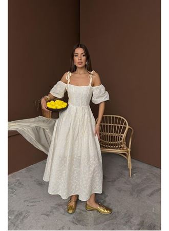 Bej Omuzu Bağcıklı Balon Kollu Brode Elbise