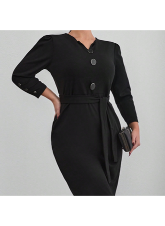 Kadın Uzun Kollu Düğme Detaylı Kendinden Kemerli Ithal Krep Elbise