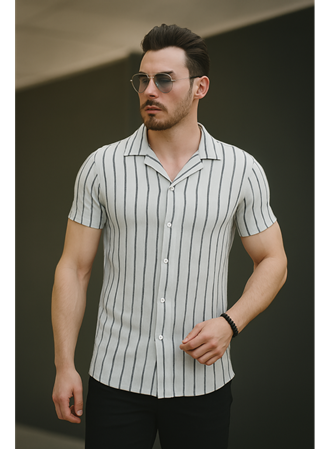 Erkek Kısa Kollu Gri çizgi Desenli örme Kumaş Pamuklu Gömlek