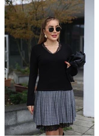 Kadın Uzun Kollu Denteli Yaka Ekose Etek Detay Diz üstü Elbise