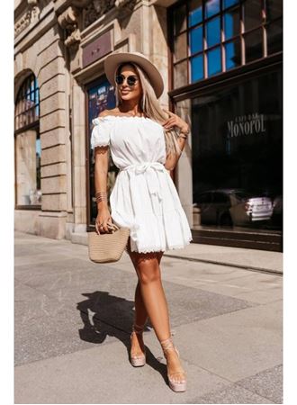 Kadın Madonna Yaka Pütür Detay Pamuklu Mini Elbise