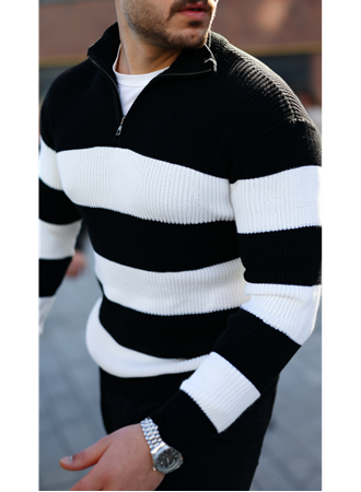 Erkek Şerit Renk Desenli Zip Yaka Kazak