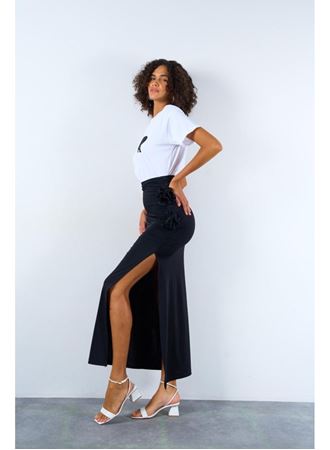 Yandan Büzgülü Güllü Etek - Siyah