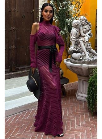 Saten Kuşaklı Ajurlu Triko Elbise 2847