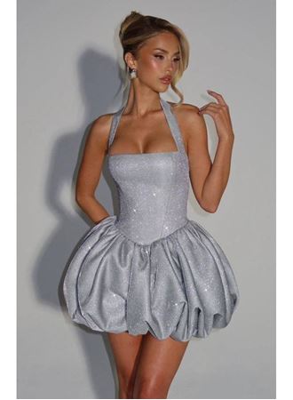 Kadın Halter Yaka Simli Kumaş Sırtı Bağcık Detay Prenses Elbise