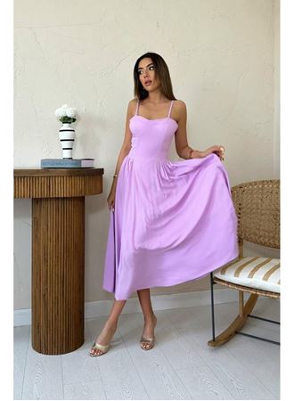 Lila Göğüs Kuplu Uzun Büzgülü Elbise