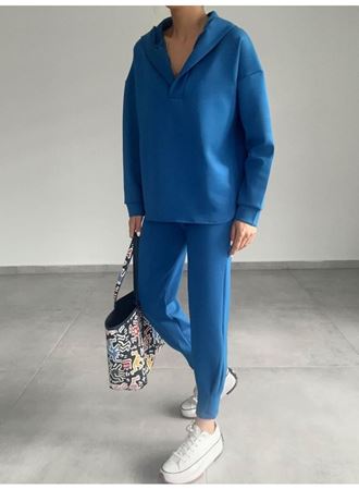 Kadın Uzun Kol V Yaka Kapüşon Detay Sweat Ve Yüksel Bel Eşofman Ikili Takım