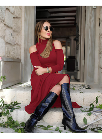 Kadın Balıkçı Yaka Omuzlardan Açık Uzun Kollu Janjan Krep Elbise