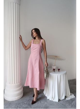 Pembe Çift Dikişli Gabardin Elbise