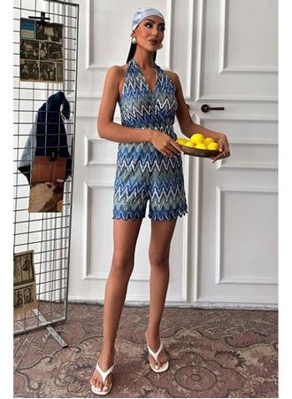 Zikzak Desenli Multi Renk Geçişli Mini Tulum 1365