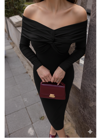 Kadın Uzun Kollu Madonna Yaka Düğüm Büzgü Detay Maxi Boy Elblbise