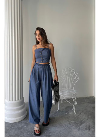 TENCEL CROP ASKILI BLUZ - ŞALVAR PANTOLON TK - İndigo