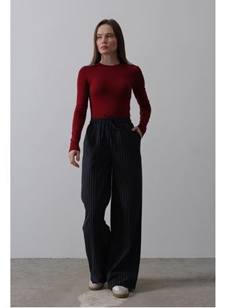 Beli Lastikli Bol Paça Pantolon - Lacivert-Beyaz