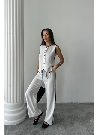 KETEN KENARLARI BİYELİ YELEK - PANTOLON TAKIM - Beyaz