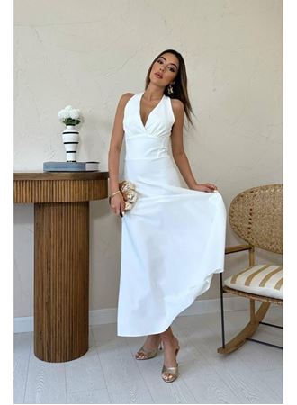 Ekru Atlas Göğüs Kuplu Elbise