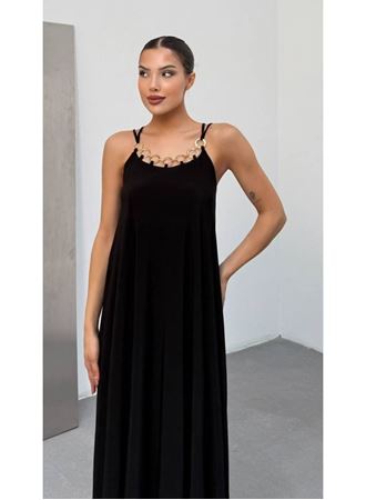 Kadın Omuz Askılı Kuş Gözü Zincir Detay Sandy Kumaş Maxi Boy Elbise