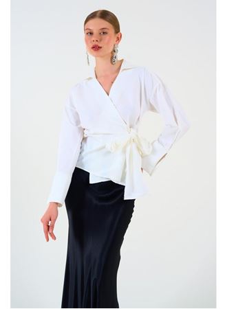 Düz Yandan Bağlamalı Gömlek - Ekru