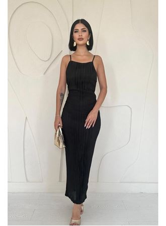 Siyah Piliseli Halter Boyun Elbise