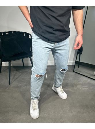 Erkek Buz Mavi Yırtık Detaylı Boyfriend Kalıp Jeans